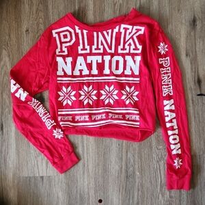 PINK Victoria's Secret Pink Nation Red Christmas Crew Neck Longsleeve Crop Tee